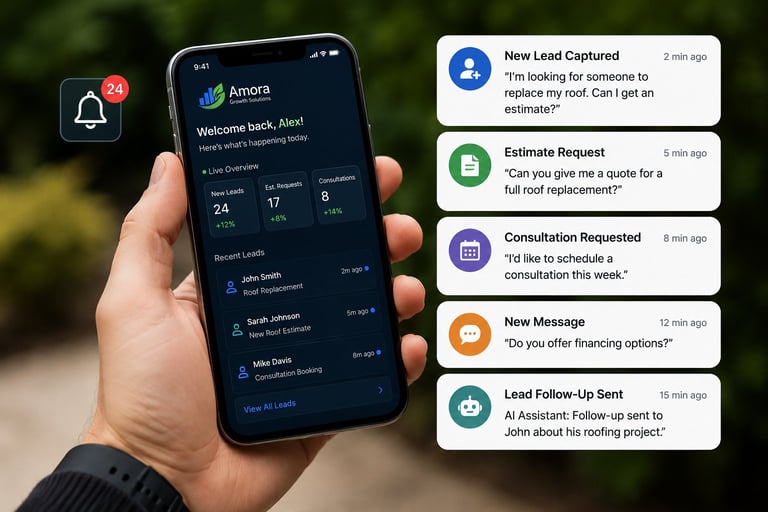 Hand holding smartphone displaying a contractor management app with recent leads and notifications including estimate requests and messages